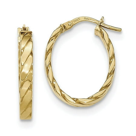 14k Patterned Hoop Earrings - 14kt Yellow Gold Patterned Oval Hoop Earrings