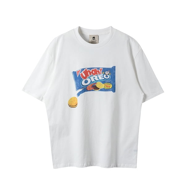 Camiseta casual de manga corta holgada vintage con estampado de galletas OREO puras y dibujos animados, de estilo moderno y creativo de algodón puro