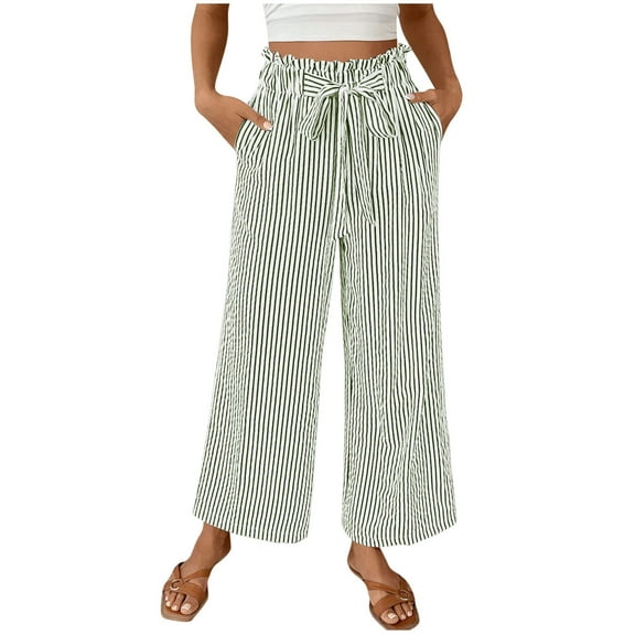 Olyvenn Palazzo Pants for Women 2025 Fall Striped Flowy Tie Knot Wide Leg High Waist Dressy Casual Work Pants Trousers Army Green S