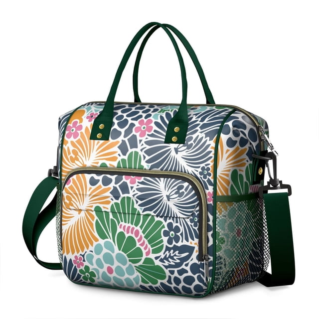 Tropical Flower and Leaves Lunch Tote - Large Insulated & Leakproof Bag, Multi-Pocket Waterproof Thermal Design