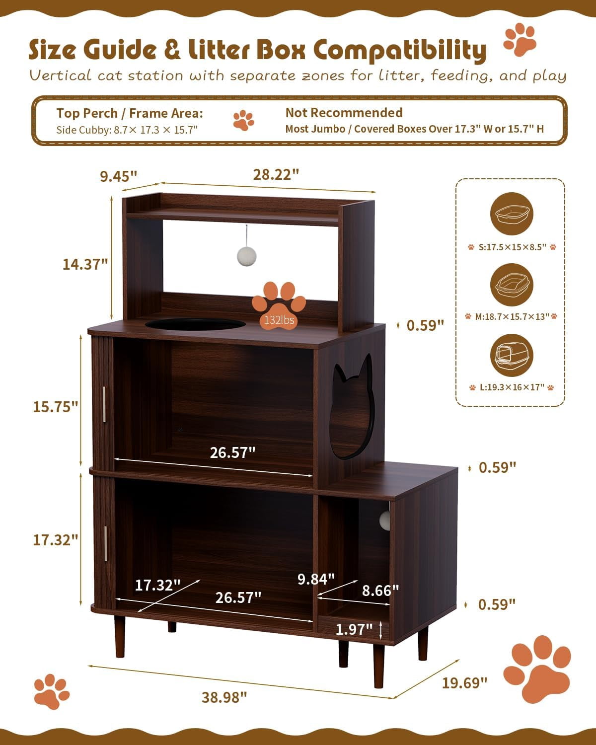 Cat Litter Box Enclosure Furniture with Sliding Door, Large 3-Tier Wood Cat House, Cat Scratch Pad & 2 Dangling Plush Balls, Brown