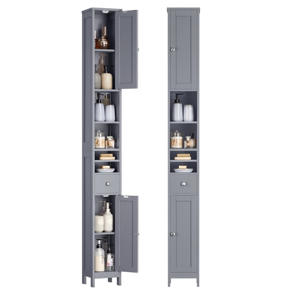 VASAGLE Tall Bathroom Cabinet, Slim Freestanding Bathroom Storage Cabinet with Adjustable Shelves, Drawer, Open Compartments, Dove Gray