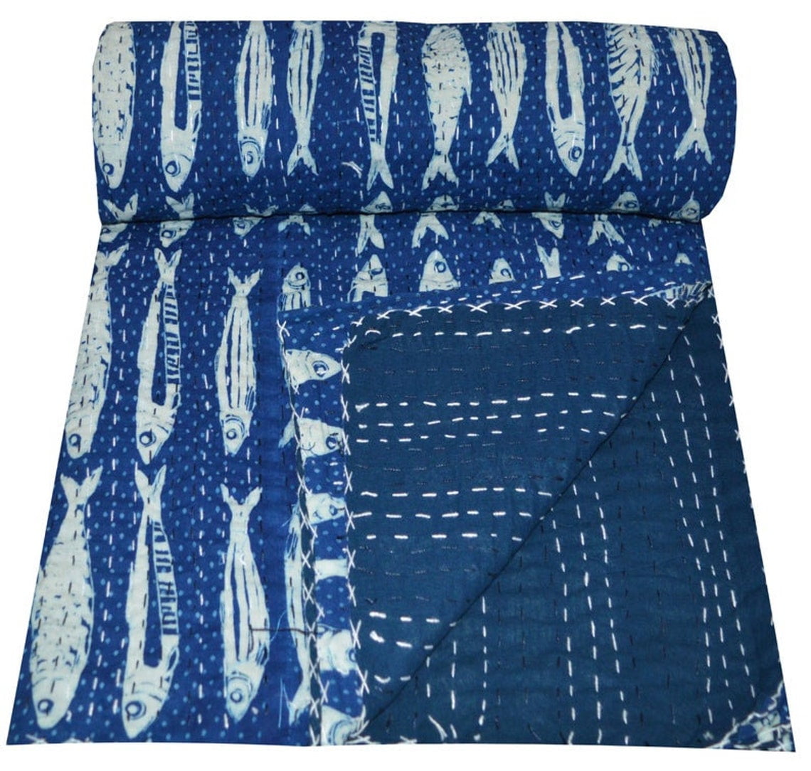 Indian Beautiful Kantha Quilt Traditional Vintage Kantha Throw Blanket Bedspread Hand Block Print TwinQueen Size Cotton Blue Paisley