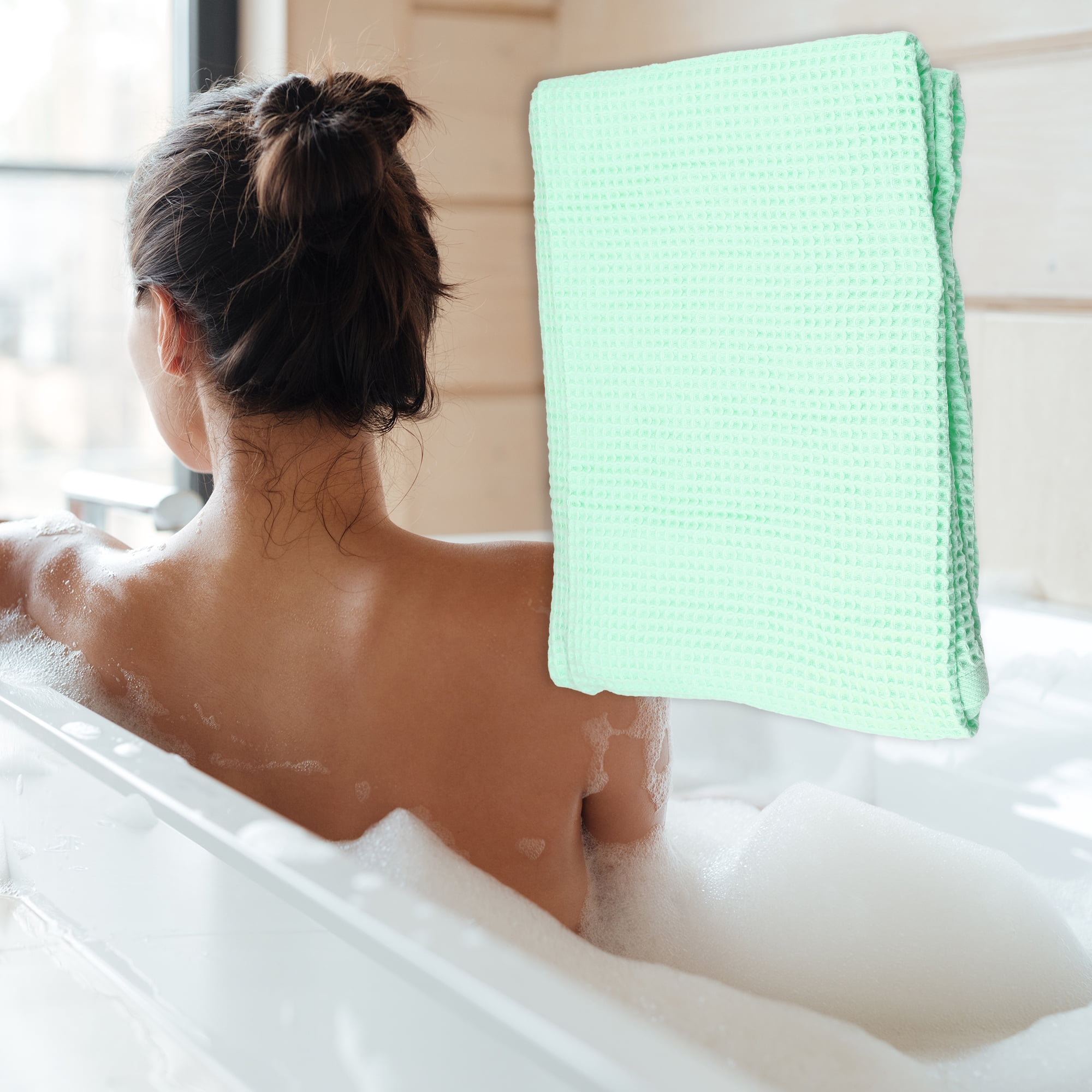 Unique Bargains 1Pc Waffle Weave Pattern Soft Absorbent Cotton Bath Towel Green 55.12''x27.56'' for Bathroom Shower