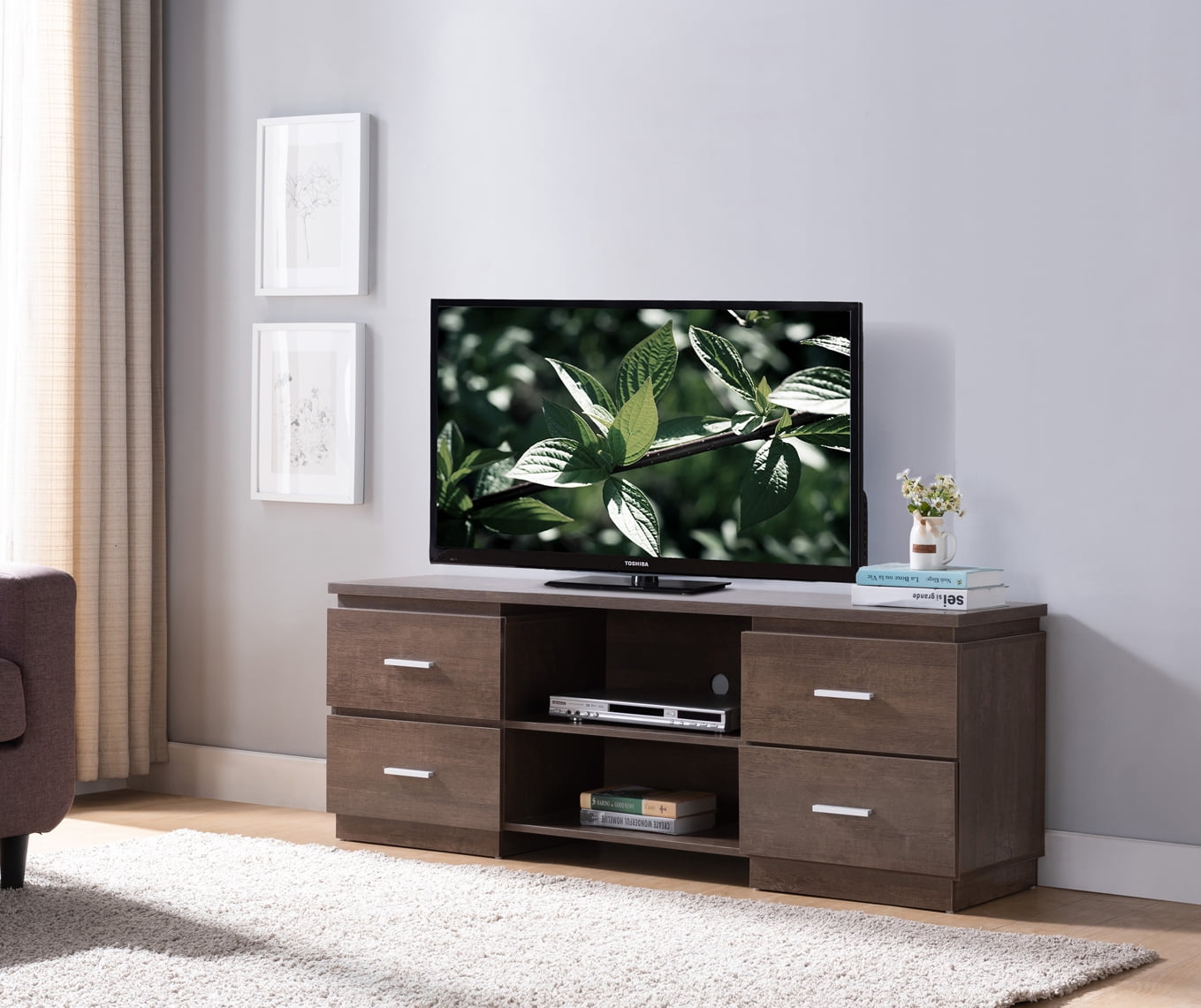 Smart Home 182343TV Mid Century Modern Walnut Oak Television Stand fit