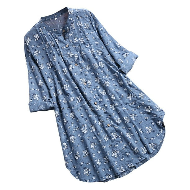 Gibobby Camisas Para Mujer Elegantes Blusa estampada con cuello en V Camiseta floral de manga larga Tops casuales Blusa plisada para mujer(Aqua, XXXL)
