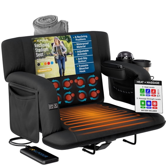Alpcour Heated Massage Reclining Stadium Seat for Bleachers – Wide Bleacher Chair with Back Support and Cushion, Armrests, Large Pockets, and Multiple Safety Features – Best Stadium Seats Chairs
