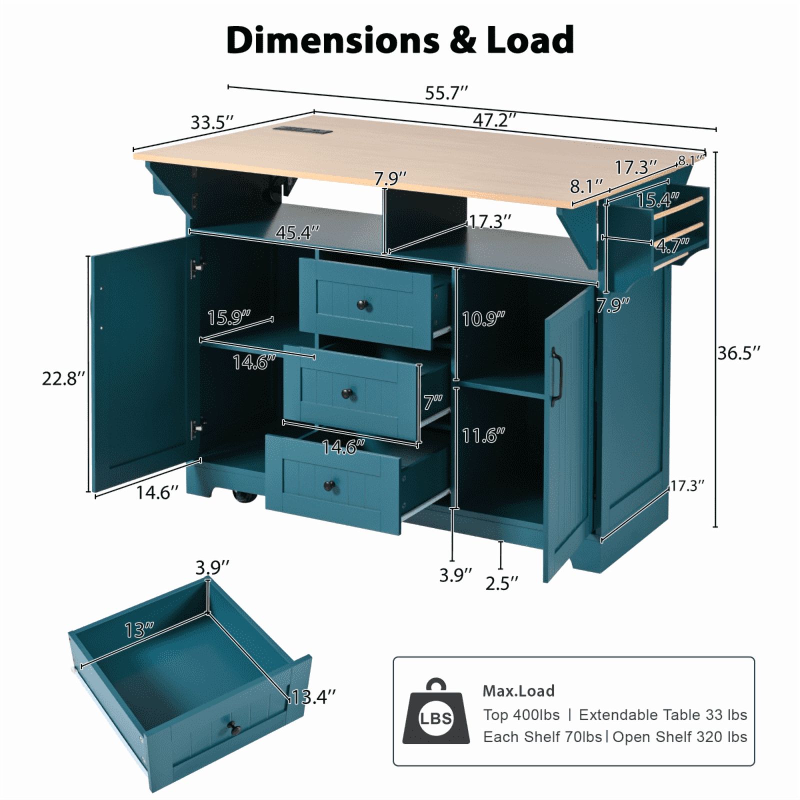 55.7'' Large Kitchen Island with 2 Drop Leaf,, Rolling Kitchen Cart on 5 Wheels with Power Outlet, Folding Storage Dining Table with Spice & Towel Rack , 3 Drawers, for Kitchen, Dining Room,White