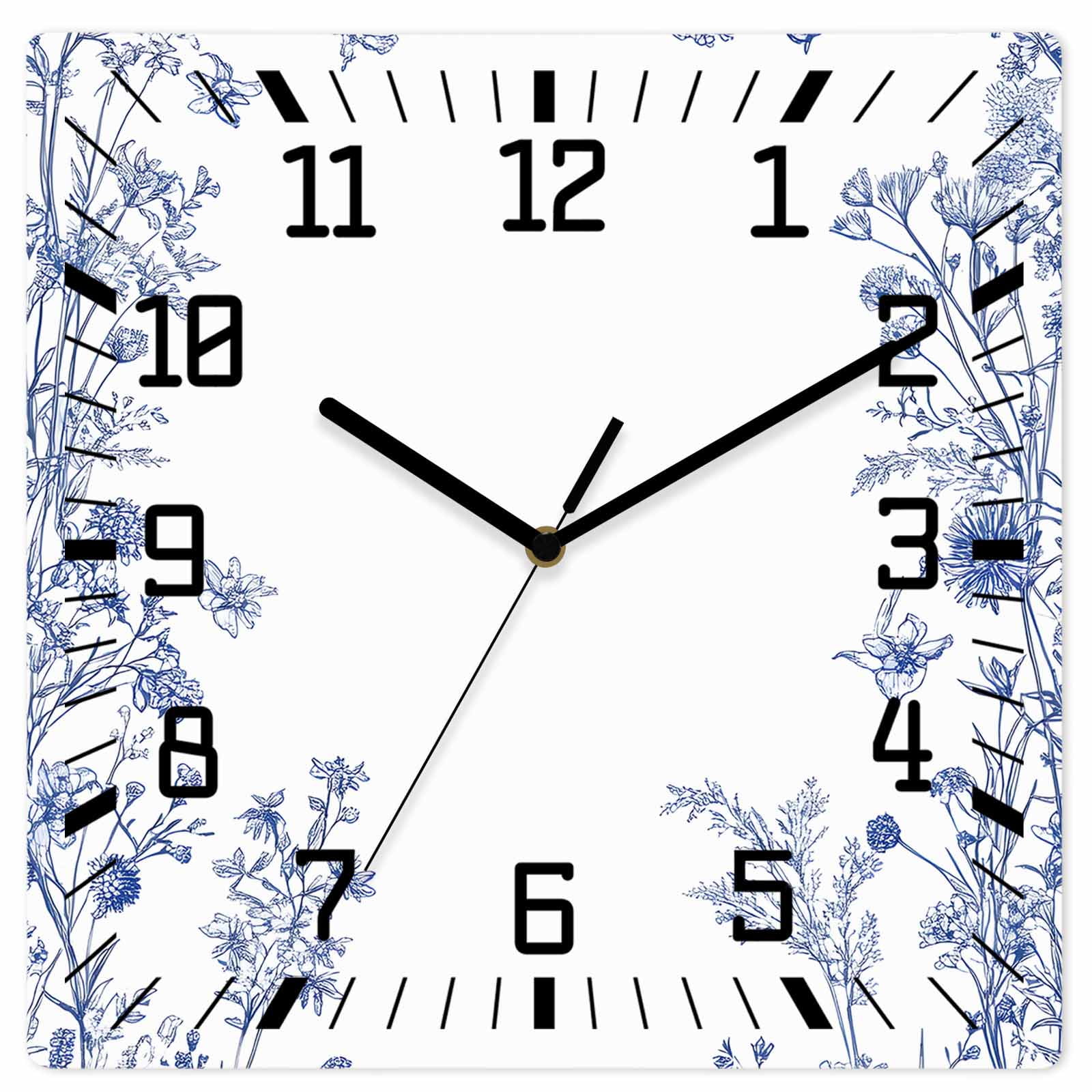 Blue Spring Floral Wooden Wall Clock Silent Non Ticking Summer Flowers Botanical Square Wall Clocks Battery Operated Decor Clock for Home Office Living Room Kitchen 12 Inch
