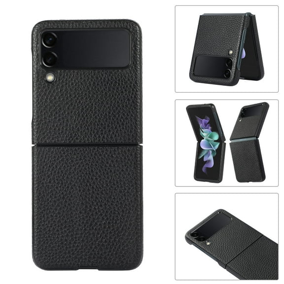 TECH CIRCLE Leather Case for Samsung Galaxy Z Flip 3 Lichee Pattern Non-Slip Design Slim Thin Shockproof Case For Samsung Galaxy Z Flip 3,Black