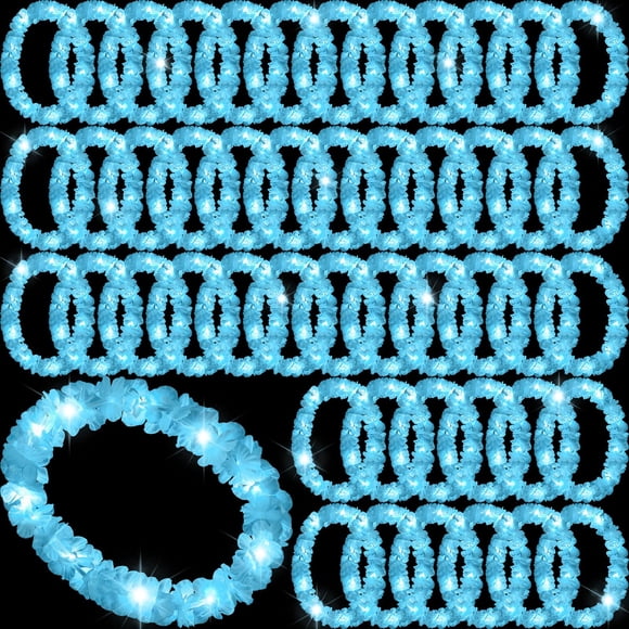 Leis LED hawaianos Sherr, 48 unidades, color azul claro, 100 cm, iluminados