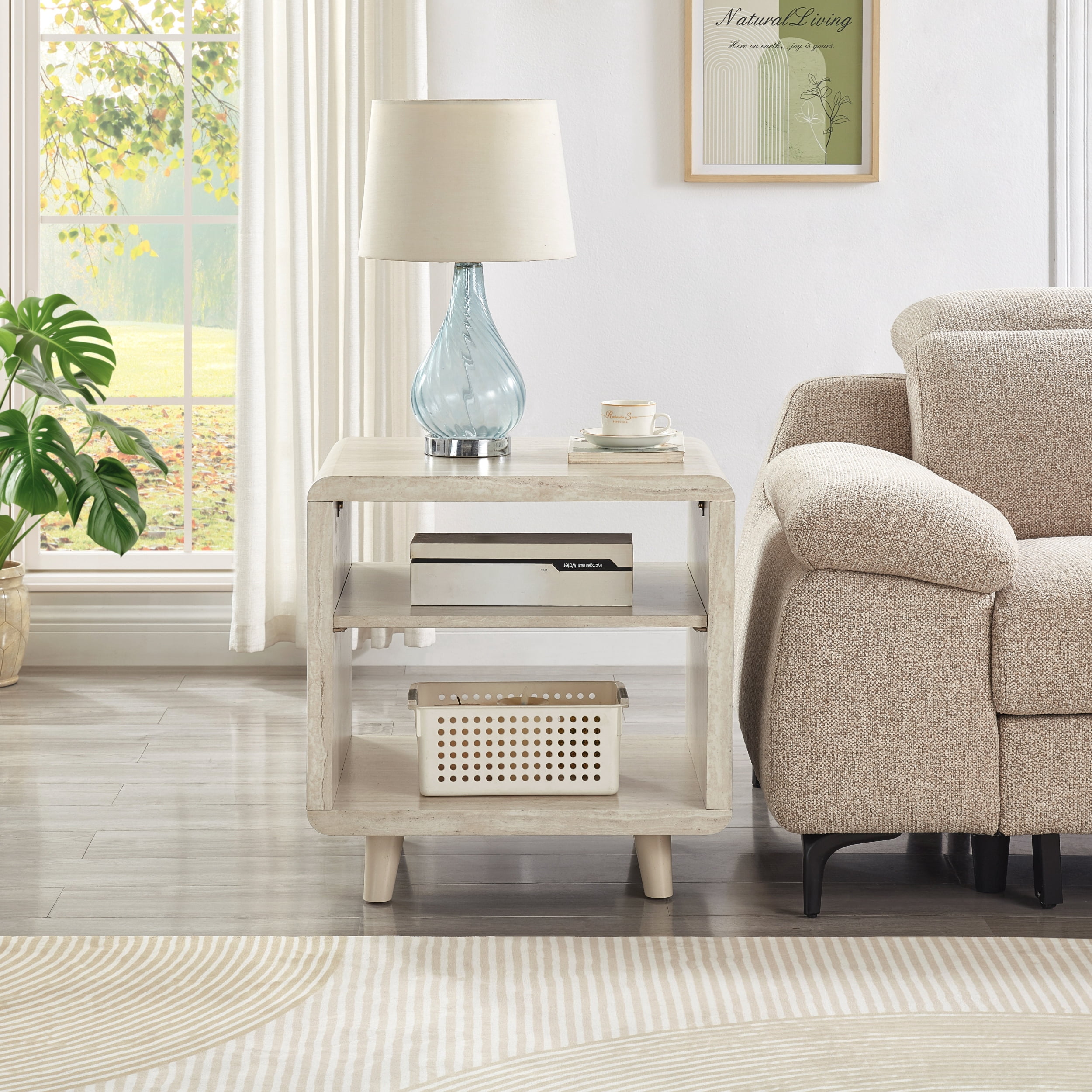 Roundhill Furniture Lux Modern Wood Shelf Side Table, Bedside Nightstand, Beige
