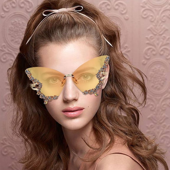 Women Butterfly Cat Eye Sunglasses Fashion Shiny Bling Diamond Sunglasses Polygonal Pink Rhinestone Sunglasses Gray One Size