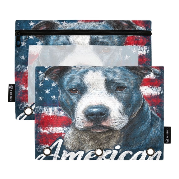 2 Pack 3 Ring Binder Pouch with Clear PVC Window Water Resistant Zipper Pencil Pouch Bold Patriotic Pit Bull Print Binder Pocket for Classroom Office Home Stationery Organization