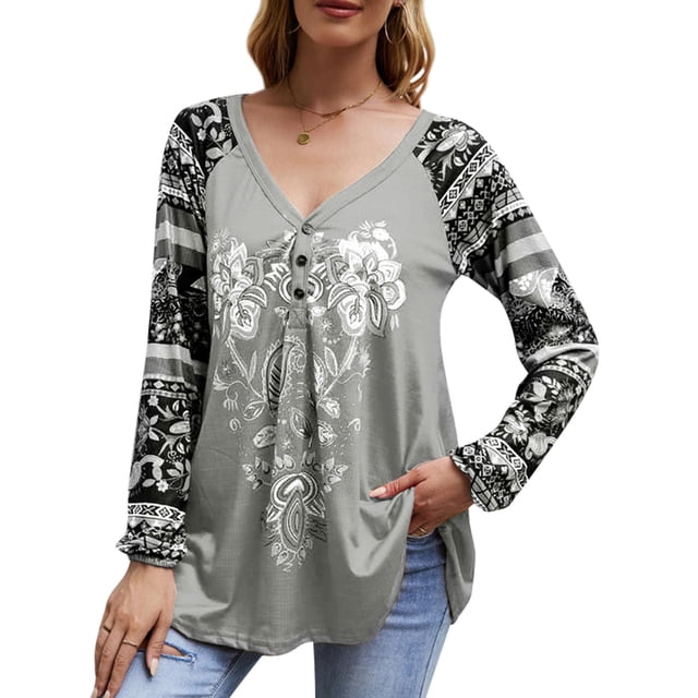 Camiseta vintage para mujer, estampado floral, cuello en V, manga larga, otoño, camisetas Abanopi Gris/Extragrande