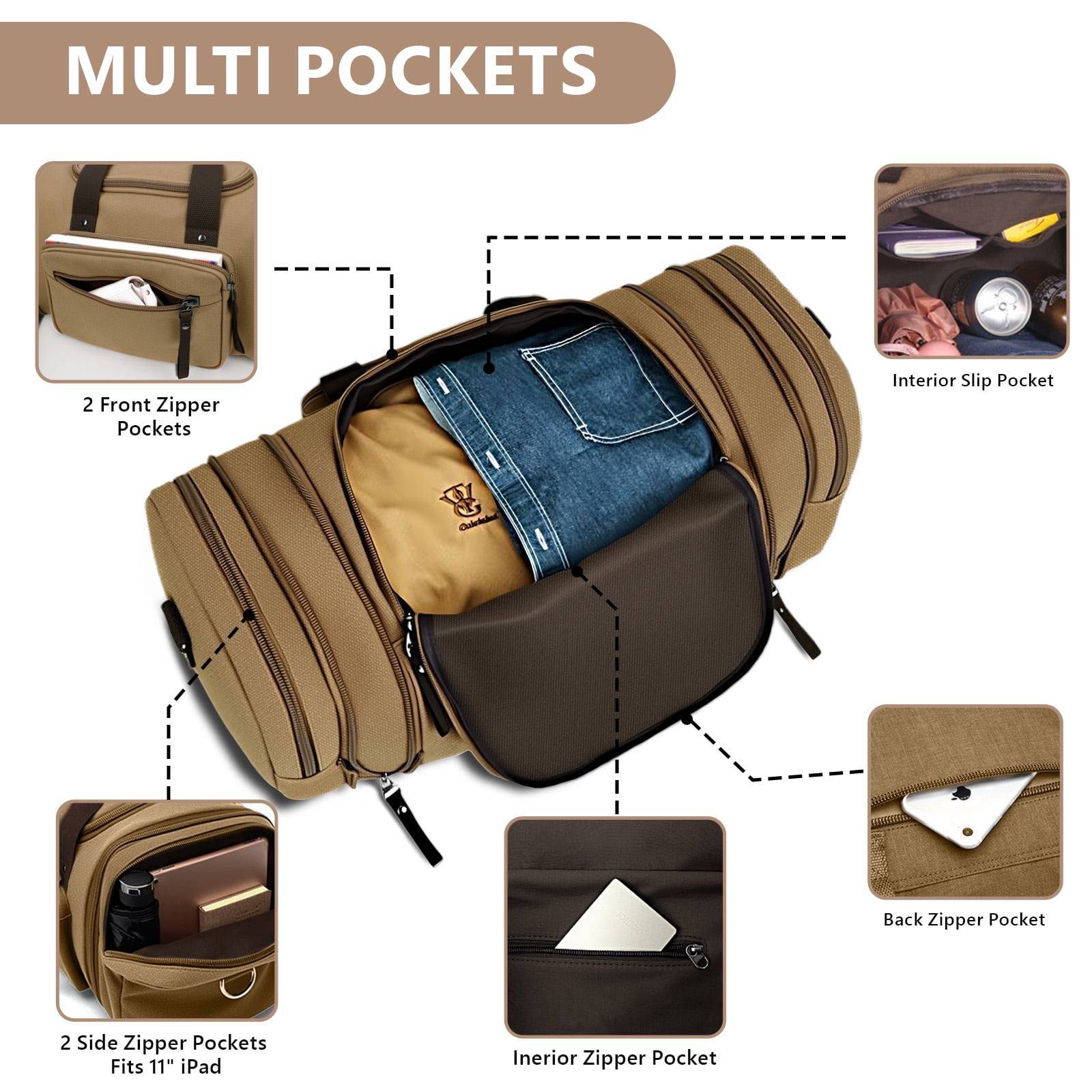 DAKOMM Duffle Bag for Travel, 50L Expandable Canvas Travel Duffel Bags Overnight Weekend Waterproof Gym Carry On Luggage Bag Travel Bag for Men & Women, Coffee