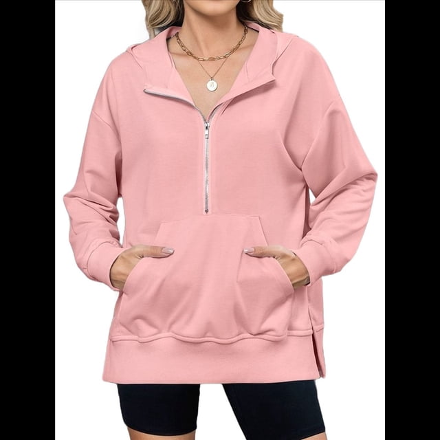Sudadera de Algodón con Forro y Media Cremallera para Mujer, Cálida, de Invierno, con Bolsillo para el Pulgar Rosa XXL