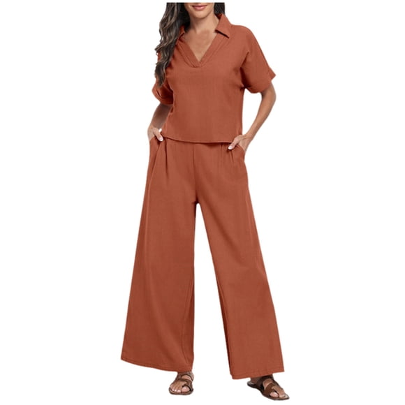BYHONG Ensembles de Pantalons d'Été pour Femmes Col en V Blouses à Manches Courtes Décontractées Ensemble de 21 Pcs avec Poches Rouge TG