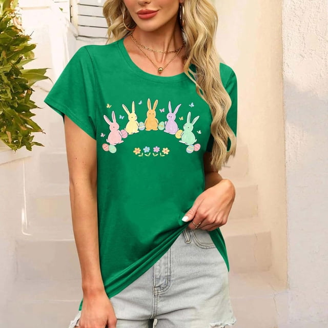 TaTaai Fashion Casual Women T Shirt Cotton Easter Print Crew Neck Short Sleeve Loose Fit Soft Breathable Lightweight Daily Holiday Street Wear Top Gift
