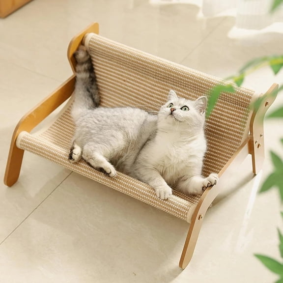 2-in-1 Sisal Cat Scratcher Bed, Large Wooden Cat Lounger Chair for Indoor Cats