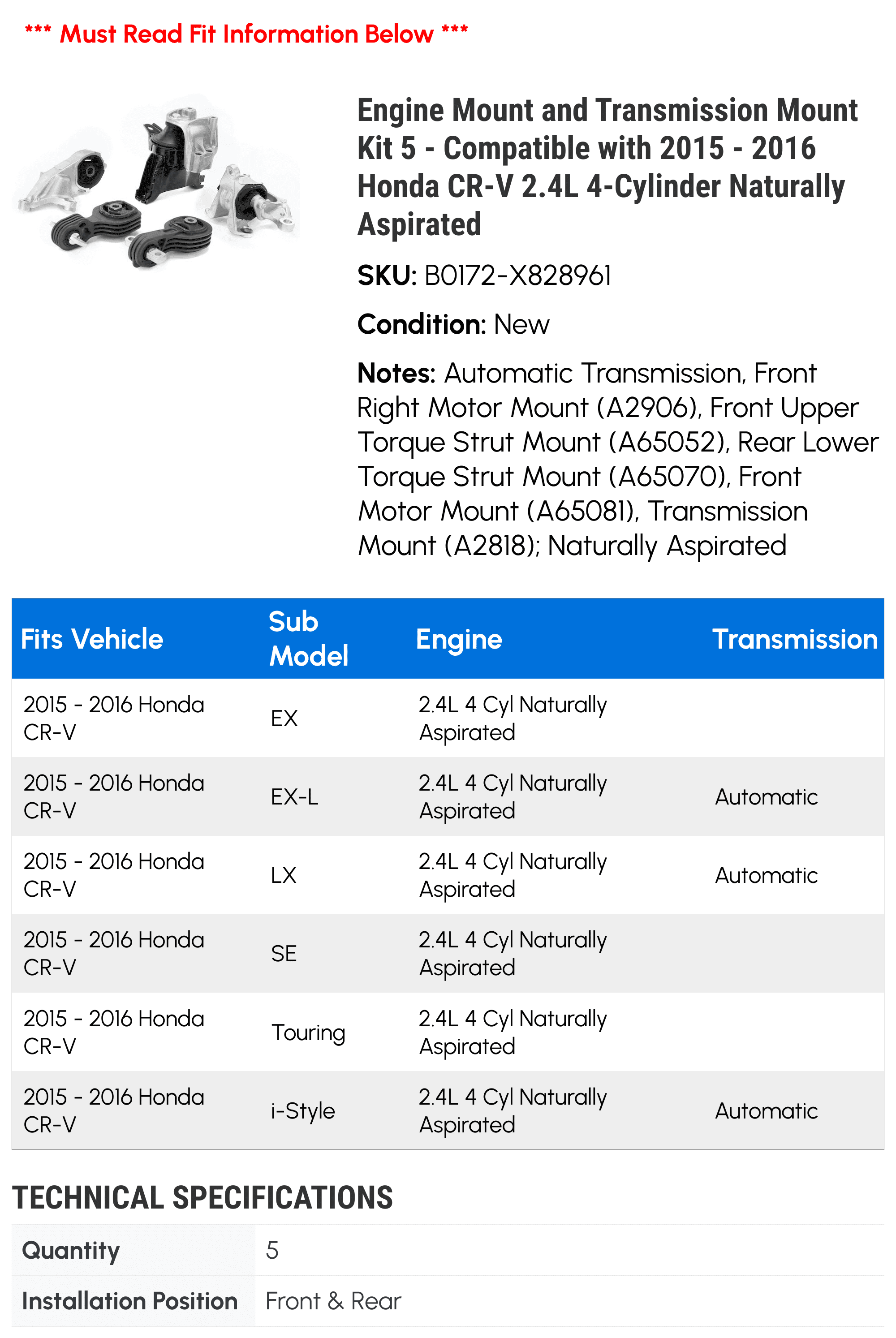 Engine Mount and Transmission Mount Kit 5 - Compatible with 2015 - 2016 Honda CR-V 2.4L 4-Cylinder Naturally Aspirated - Autopart Premium