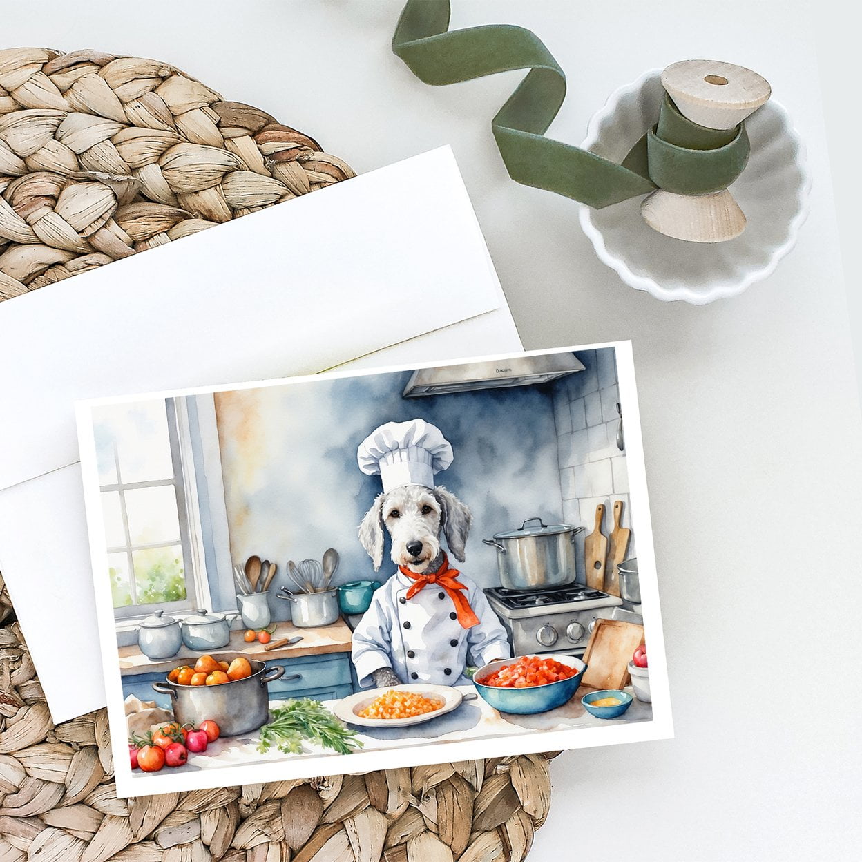 Bedlington Terrier The Chef Greeting Cards Pack of 8 7 in x 5 in