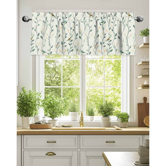 Curtain Valance for Windows,Spring Green Leaf Vine Bird Kitchen Valances Rod Pocket Short Curtains,Country Plant Window Treatment Panel for Bedroom Bathroom 42"x18"