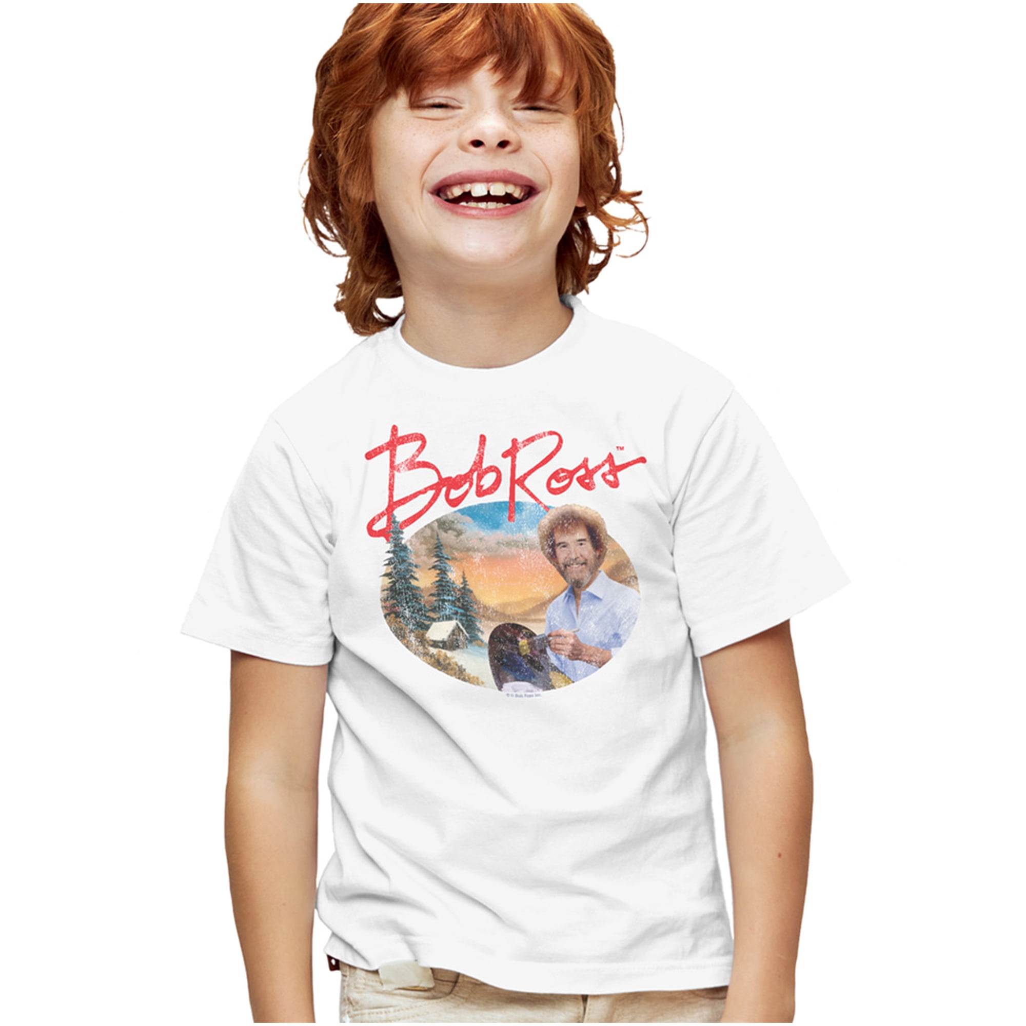 Bob Ross A Warm Winter Kids T Shirt for Youth Boys and Girls, White, Small