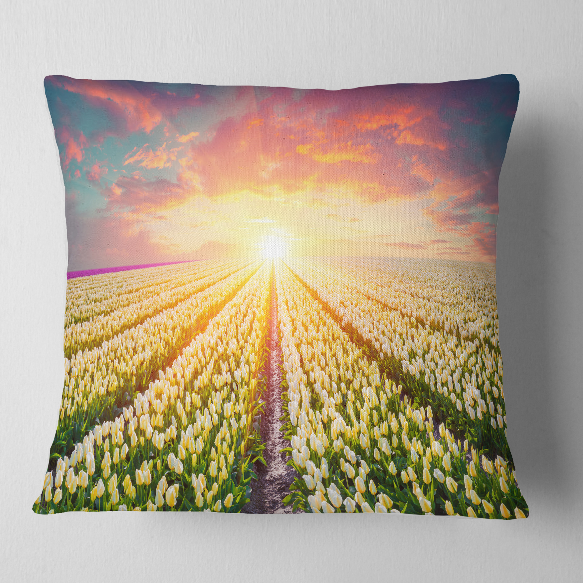 Designart Blooming White Tulips - Landscape Photo Throw Pillow - 18x18