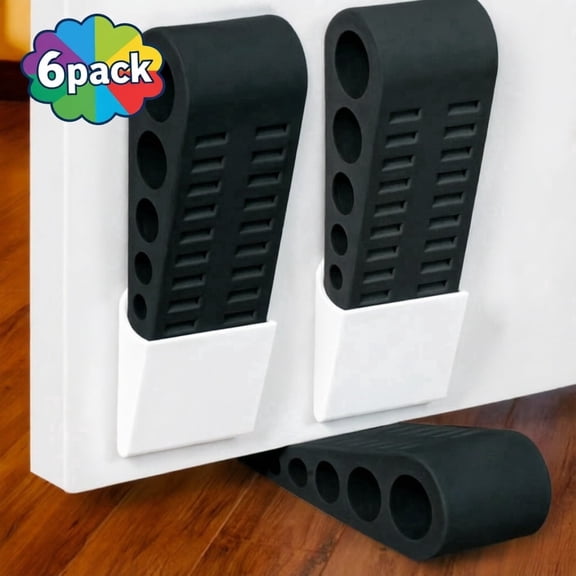 6-Pack Black Rubber Door Stoppers, Heavy Duty Wedge for Carpet & Tile