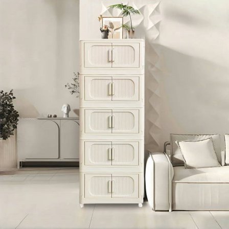 Beige 19.69" Side-Width Folding Storage Cabinet, 5-Tier, 19.69"×11.81"×50.00", Collapsible Storage Bins with Magnetic Door, Wheeled Plastic Storage Cabinet