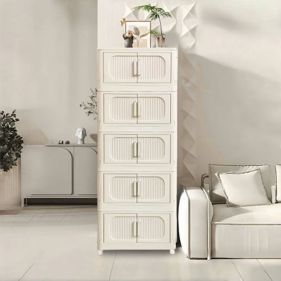 Beige 19.69" Side-Width Folding Storage Cabinet, 5-Tier, 19.69"×11.81"×50.00", Collapsible Storage Bins with Magnetic Door, Wheeled Plastic Storage Cabinet