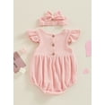 thumbnail image 5 of Musuos Baby Girl Summer Clothes Set 3M 6M 12M 18M Round Neck Fly Sleeve Solid Color Romper + Bow Headband Newborn Infant 2 Piece Set, 5 of 10