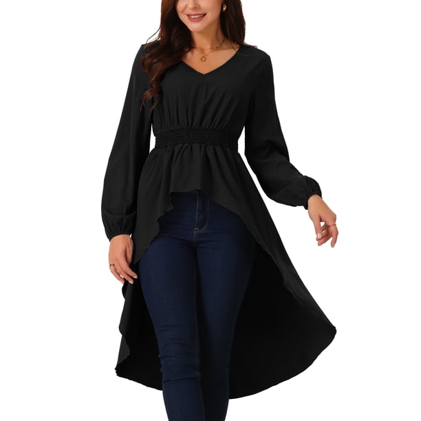 Tops de mujer INSPIRE CHIC de largo irregular con mangas largas, escote en V, cintura elástica, asimétrico, dobladillo irregular, blusa casual
