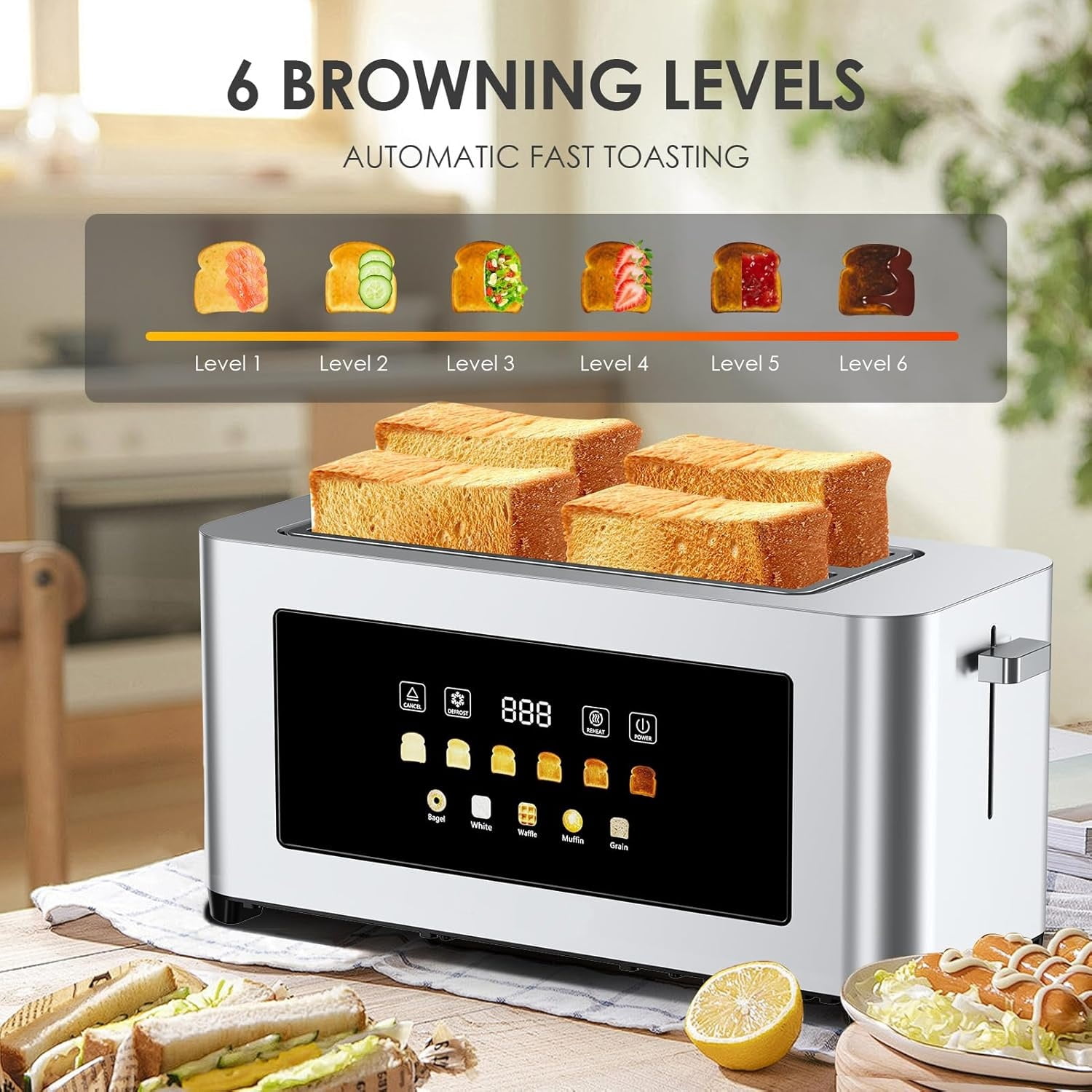 Maircle Toaster 4 Slice, Long Slots 1.5" Extra Wide Slots for Bagels & Waffles, TouchScreen, 6 Browning Levels, Timer, Defrost, Cancel Function, Auto Shut-Off, Removable Crumb Tray, Stainless Steel