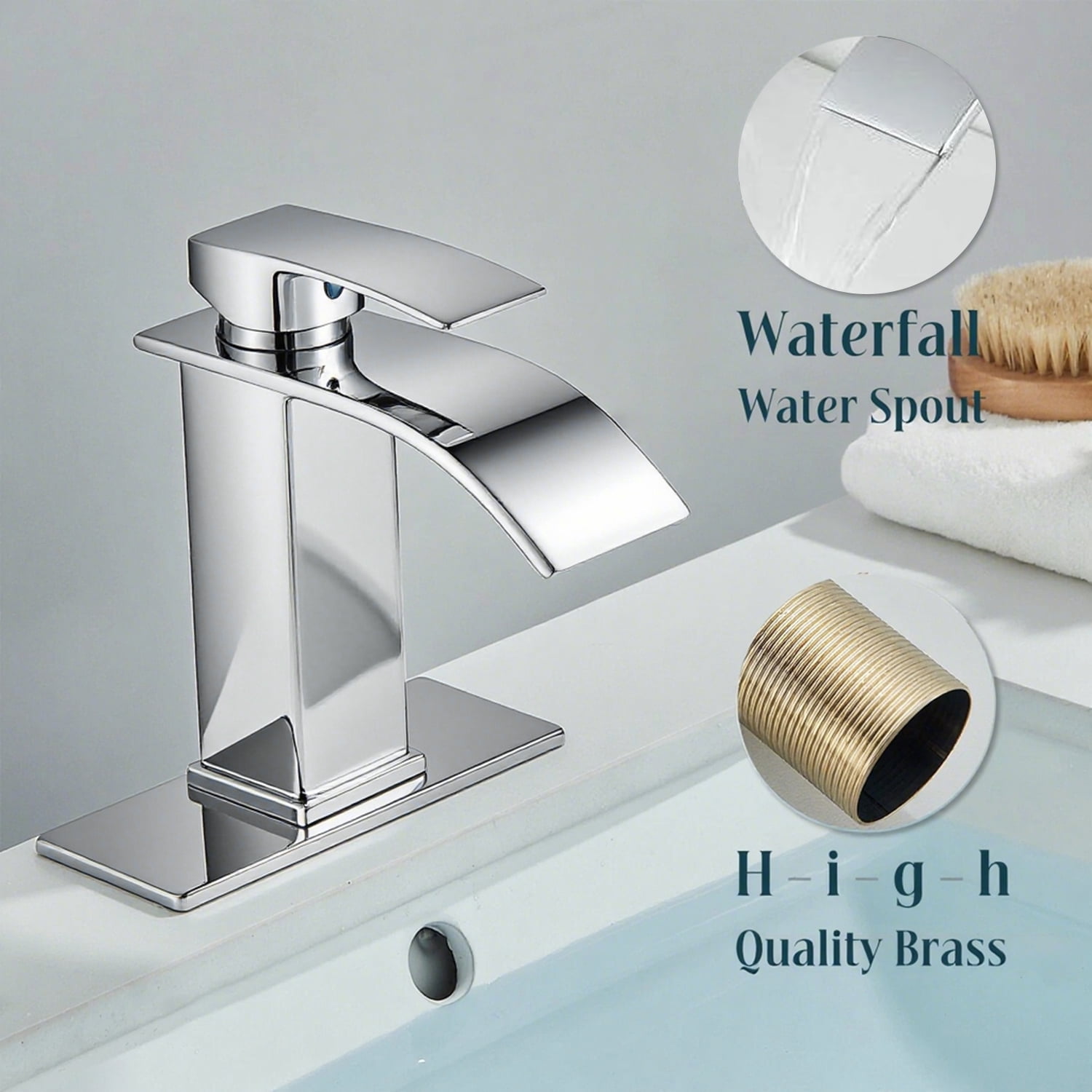 Bathroom Sink Faucet Waterfall Spout Hold & Cold Mixer Tap Single Handle Modern Lavatory Vanity Sink Faucet with Hose Deck Plate for 1 or 3 Holes, Chrome