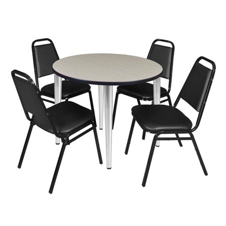 Regency Kahlo 36 in. Round Breakroom Table- Maple Top Chrome Base & 4 Restaurant Stack Chairs- Black