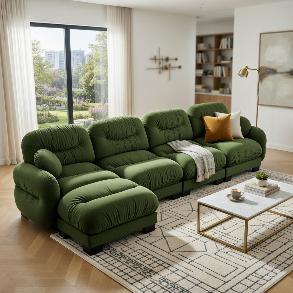 Hommoo Chenille L-Shaped Modular Sectional Sofa with Ottoman, 4-Seat Pleated Design, High-Density Ergonomic Foam, Curved Armrests & 2 Throw Pillows, Green
