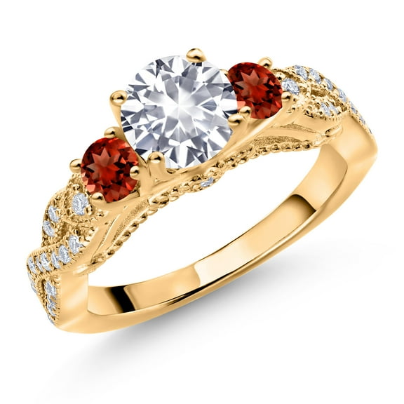 Gem Stone King 18K Yellow Gold Plated Silver White Created Sapphire Red Garnet and White Moissanite Engagement Ring for Women (1.57 Cttw, Gemstone September Birthstone, Round 6MM and 3MM, Size 9)