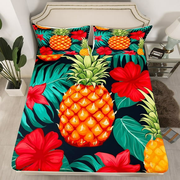 YST Tropical Pineapple Bed Sheets Red Flower Fitted Sheet Queen Size Palm Tree Leaves Bedding,Summer Holiday Bed Cover For Teenage Bedroom Decorative,Microfiber 3 Piece