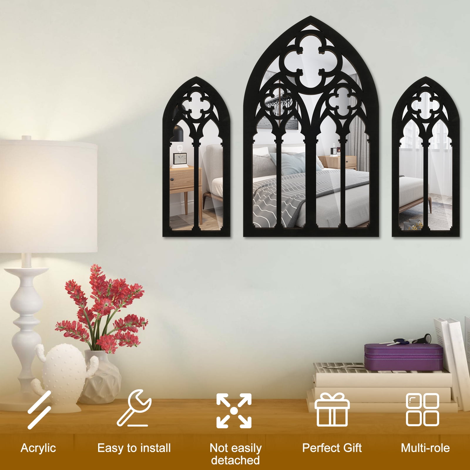 EUWBSSR 3Pcs Gothic Arch Wall Mirrors – Wood-Framed Decorative Set for Living Room, Bathroom, or Bedroom (1- Large :  7.2×11.8 inches, 2 - Small: 3.6×8.6 inches)