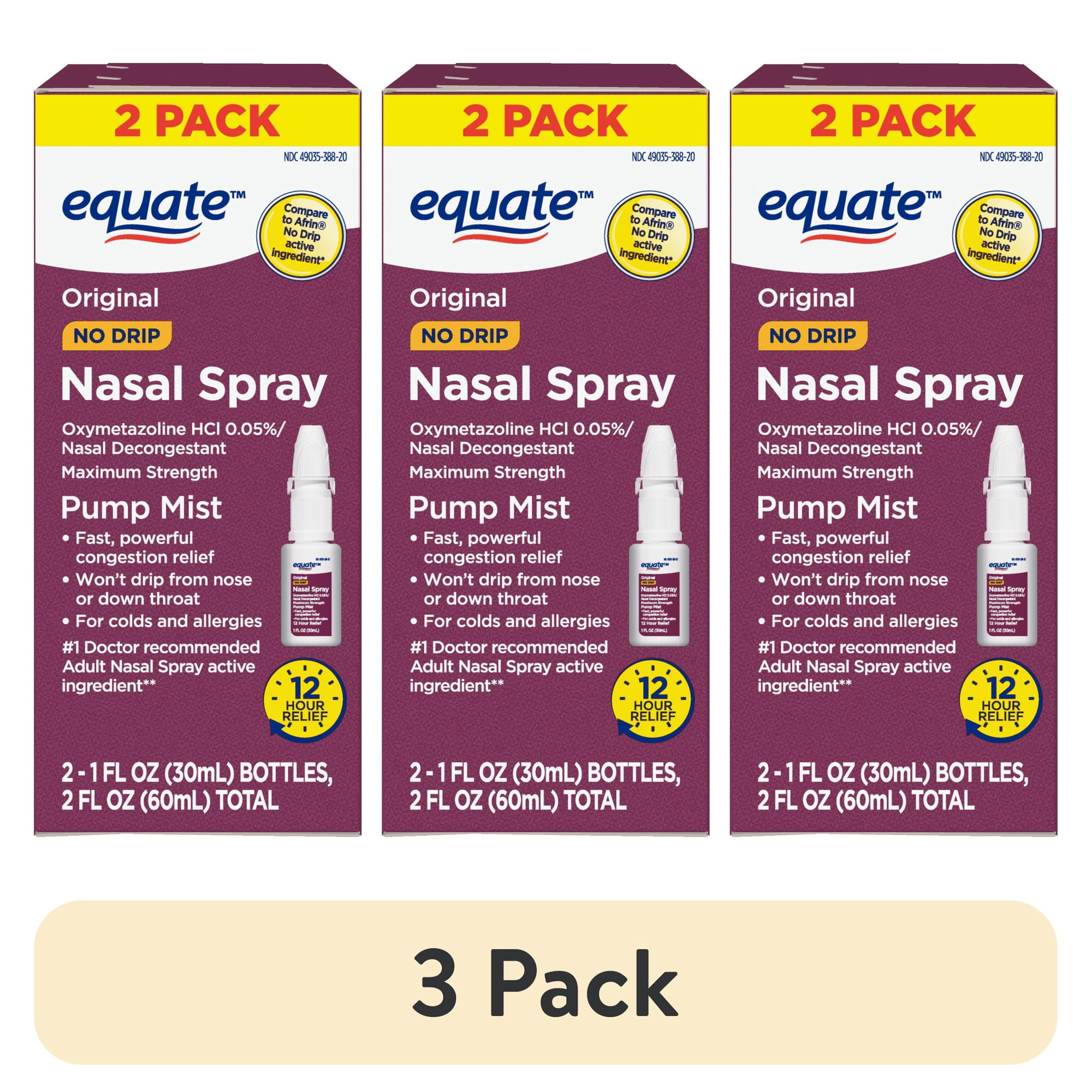 (3 pack) Equate Oxymetazoline HCl No Drip Nasal Spray, Pump Mist, 12 Hour Relief, 1 fl oz, 2 Pack