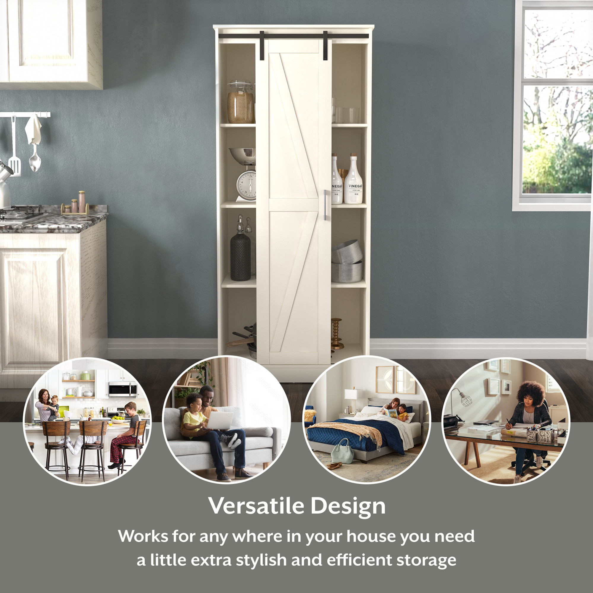 Woven Paths Shelton Wood Kitchen Pantry with 1 Sliding Barn Door, Ivory