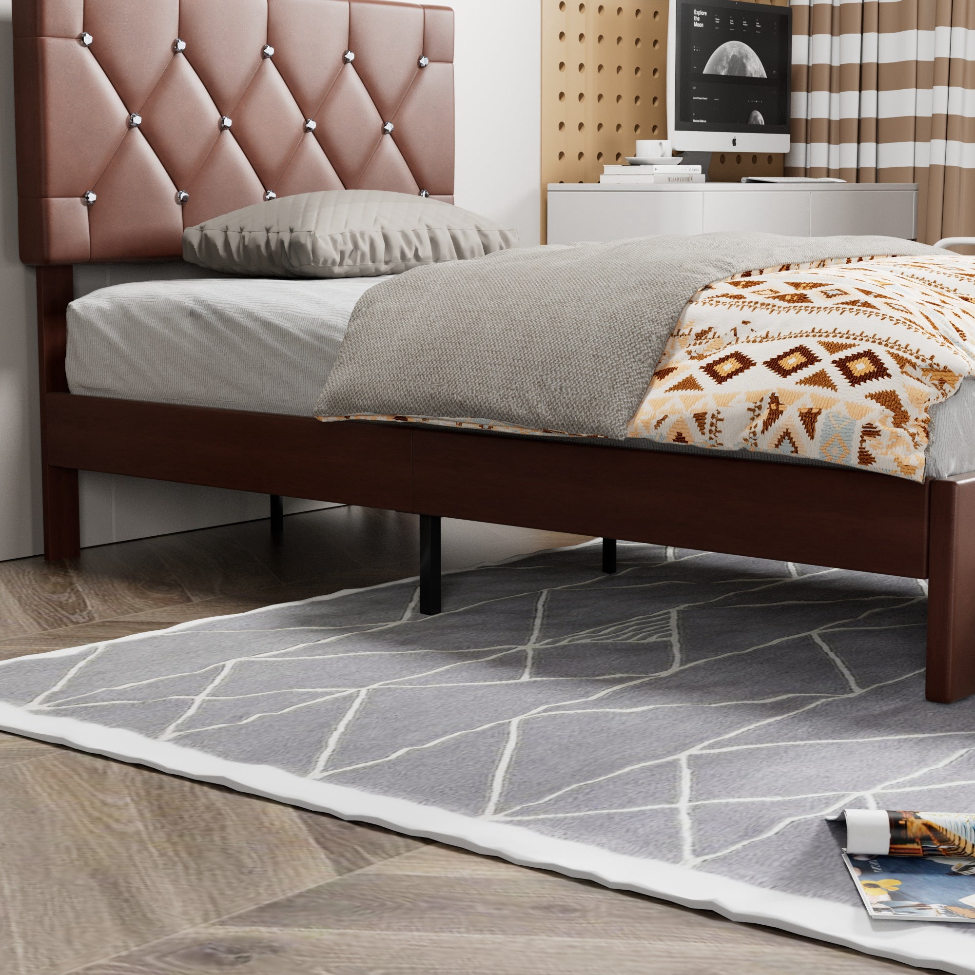 VECELO Upholstered Bed with Storage-1 Drawer, Brown Bed Frame Twin Platform Bed with Faux Leather Tufted Headboard