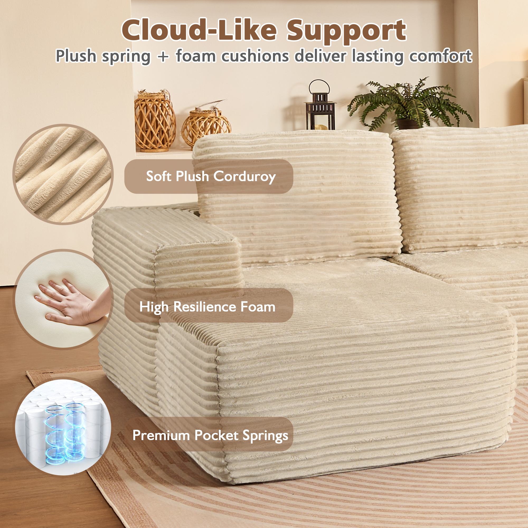 Ovios 106" Modular Cloud Couch Oversized Deep Seat Plush Corduroy Sectional Sofa with Lounge Chair for Living Room, No Assembly, Beige