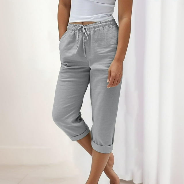 Soki Womens Capri Casual Loose Linen Elastic Wasit Cotton Linen Pants Trousers