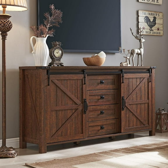 OKD 60" Farmhouse TV Stands Dresser, Modern Chest Organizer with 4 Drawers for Bedroom,Living Room,Reclaimed Barnwood