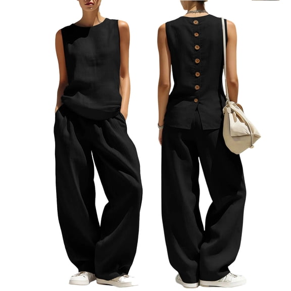 Women's Two Piece Outfits Summer Sleeveless Tops Wide Leg Pants Vacation Matching Set