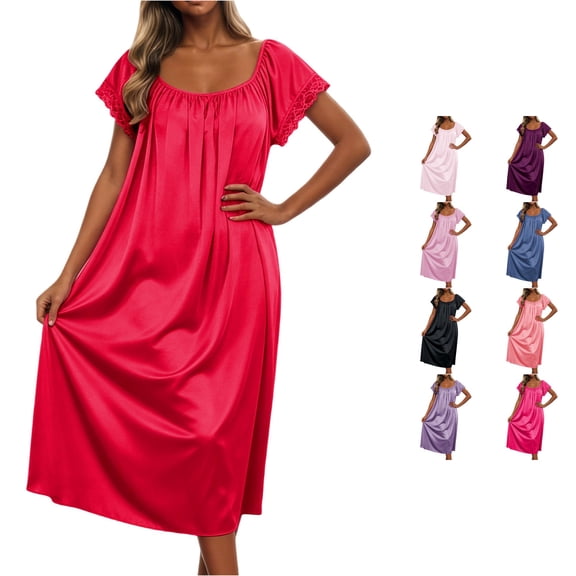 ZHOGXU Summer Dresses For Women Short Sleeve Solid Color Lace Trim Midi Length Loose Fit Nightdress For Everyday Wear,Red,One Size