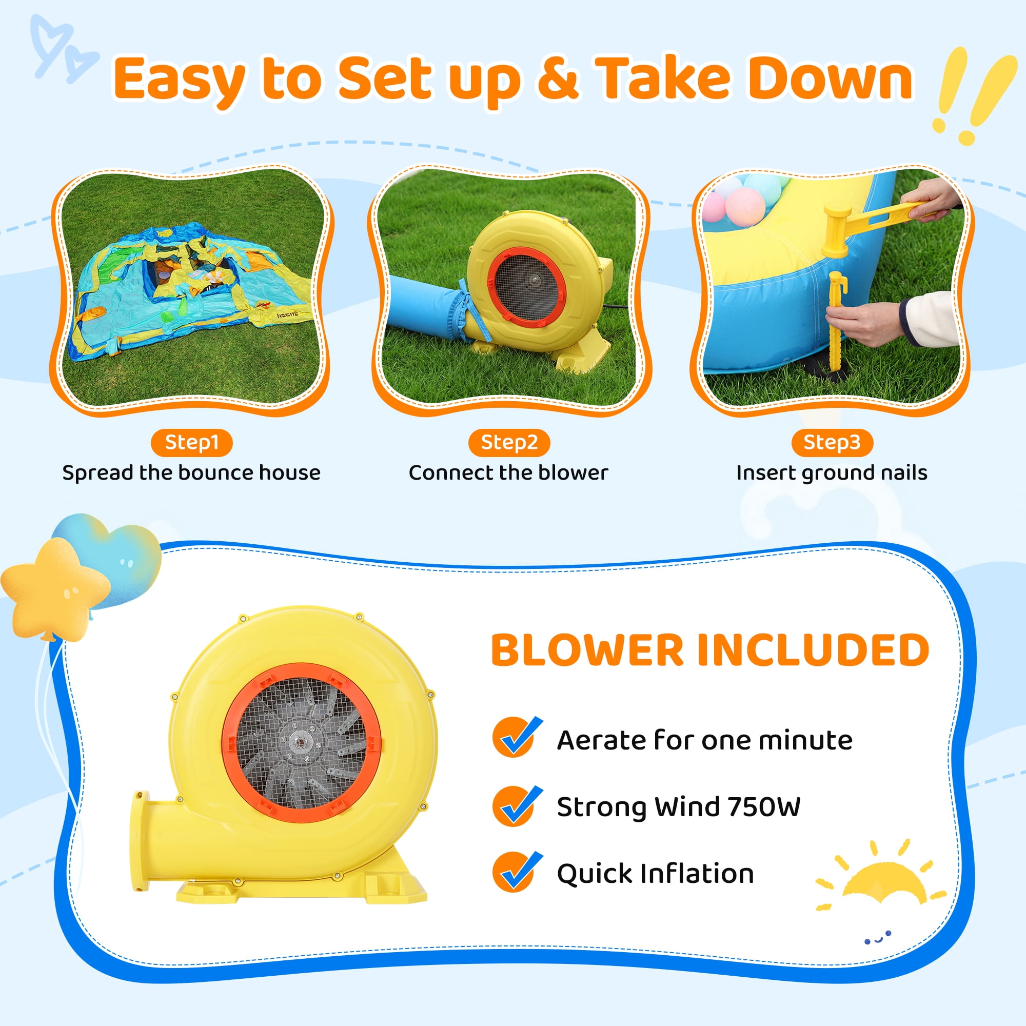 Neche 190" Large Inflatable Water Slide with Blower, Outdoor Backyard Water Park, Splash Pool, Indoor Bounce House for Kids Ages 3-8, 500lbs Weights
